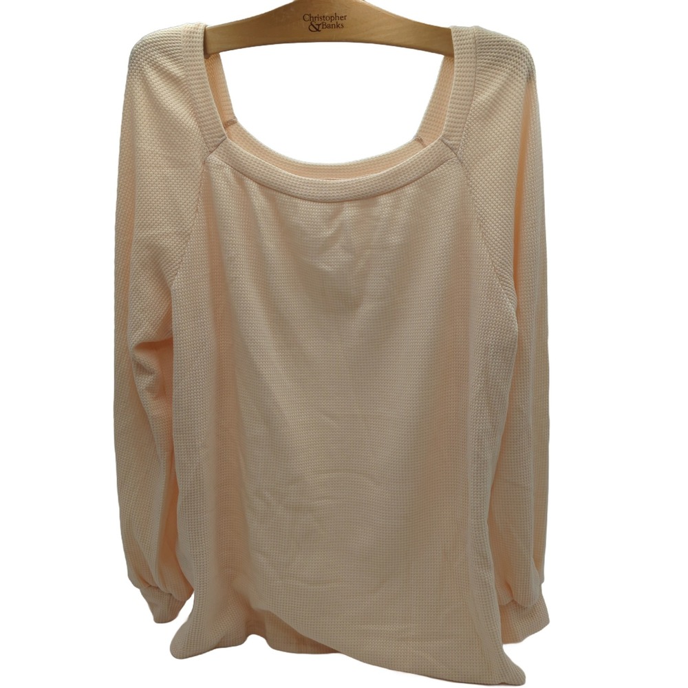 Waffle Knit Square Neck Long Sleeve Top Peach XL Raglan Balloon Sleeve Thermal - Picture 2 of 3
